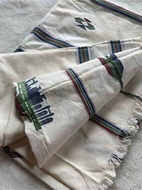Vintage Folk Embroidered Tablecloth 68x96 Cotton Fringe